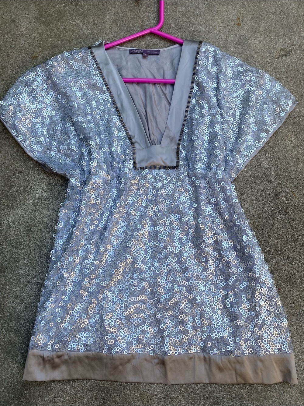 Hale Bob Y2K Silver Sequin V-Neck Tunic Top Silk Trim Vintage 2000s Small
